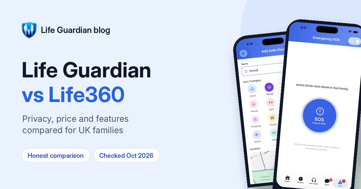 Life Guardian vs Life360, shown with the Life Guardian SOS and Add Safe Place screens