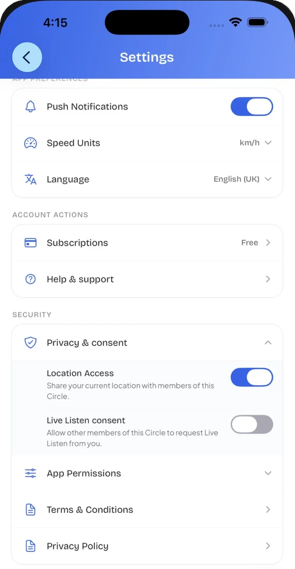 Life Guardian Privacy and consent settings with Location Access on and Live Listen consent off