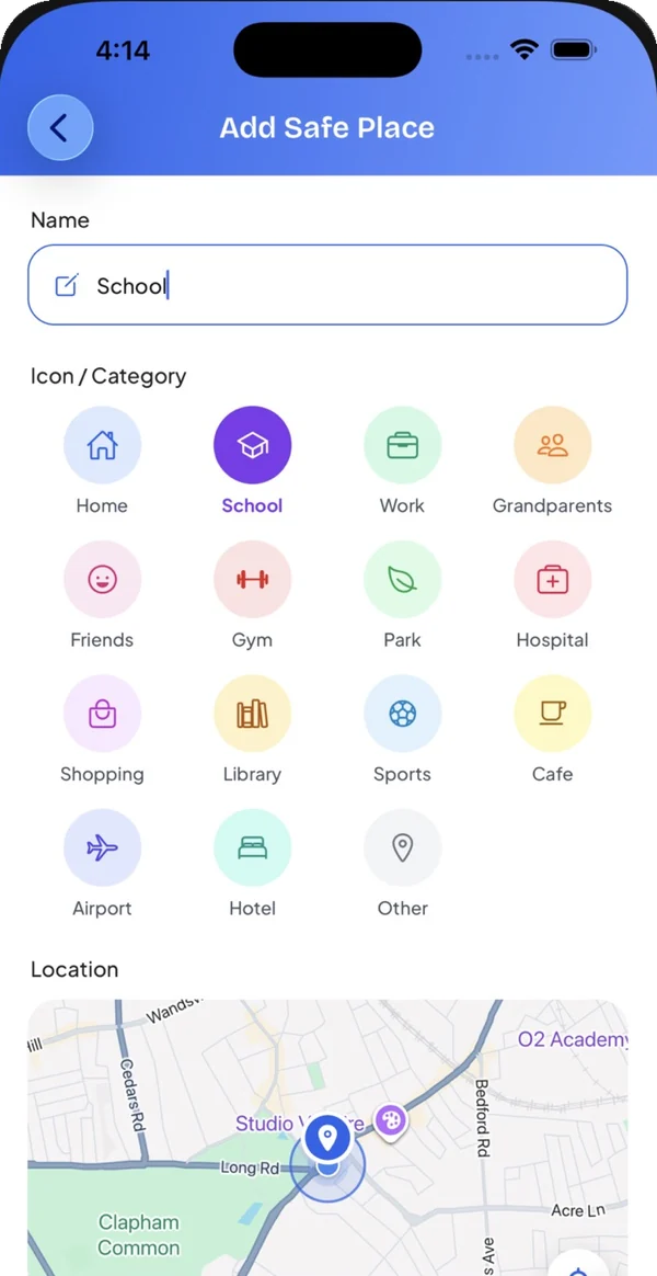 Adding a School Safe Place in Life Guardian, with categories and a map of Clapham, London